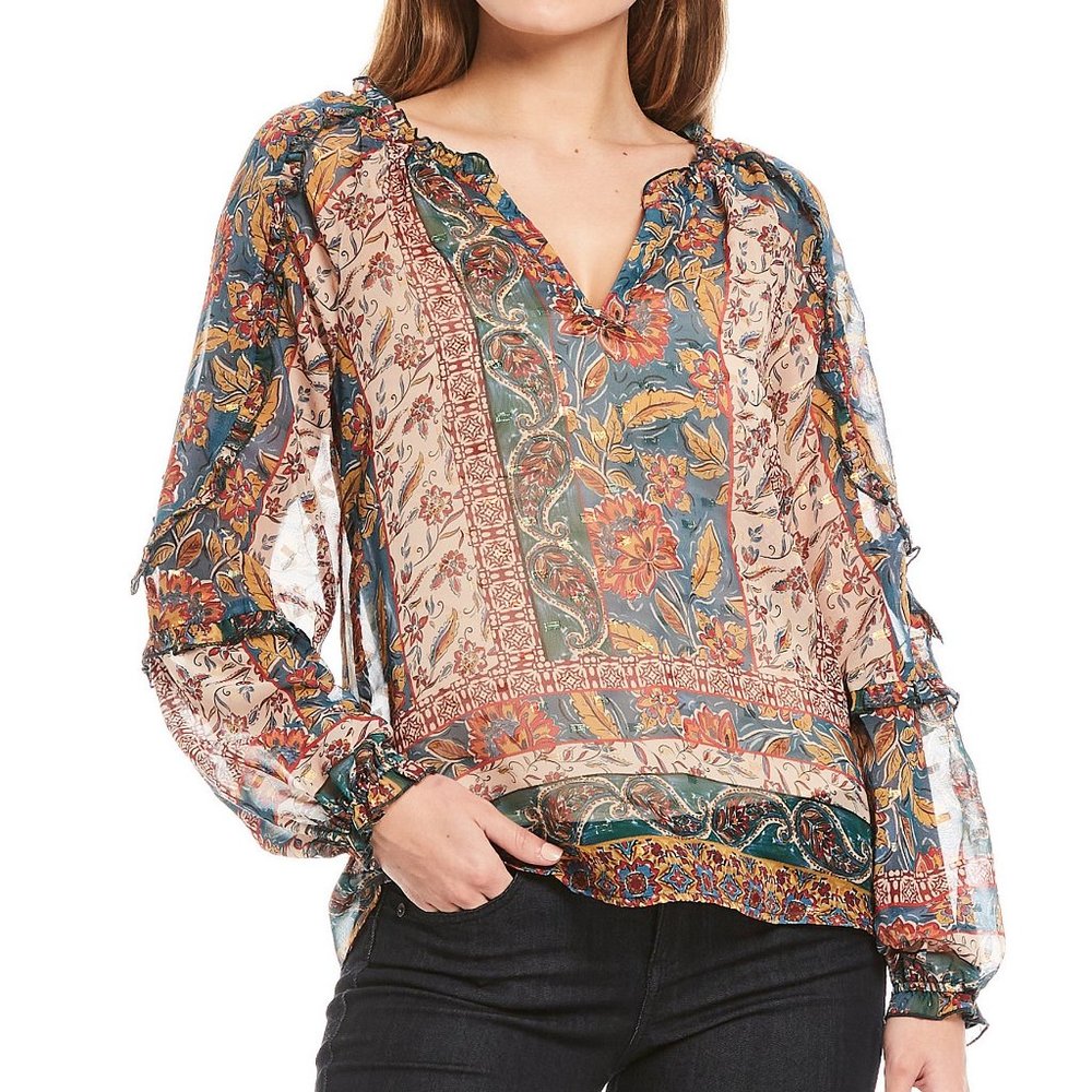 DEMOCRACY Paisley Split Neck Ruffle Sheer Top